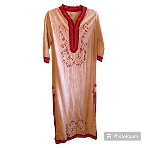 Vintage Caitela Caftan Kaftan Pink And Red Cotton Handmade Crochet Embroidered
